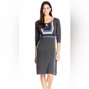 Prana Gray Knit Midi Dress with Blue and Cream Accents